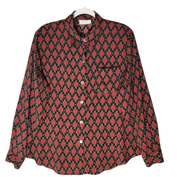 Vintage Cathy Che Blouse 1X Button Front Shoulder Pads Long Sleeve Red Blue Geo - Picture 1 of 10